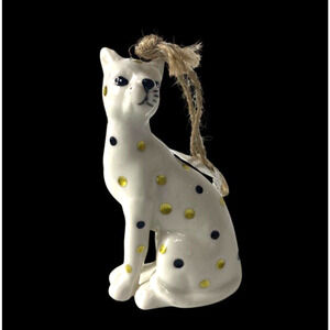 Cat Christmas Ornament White Gold Polka Dot Kellie Montana NEW Ceramic Elegant